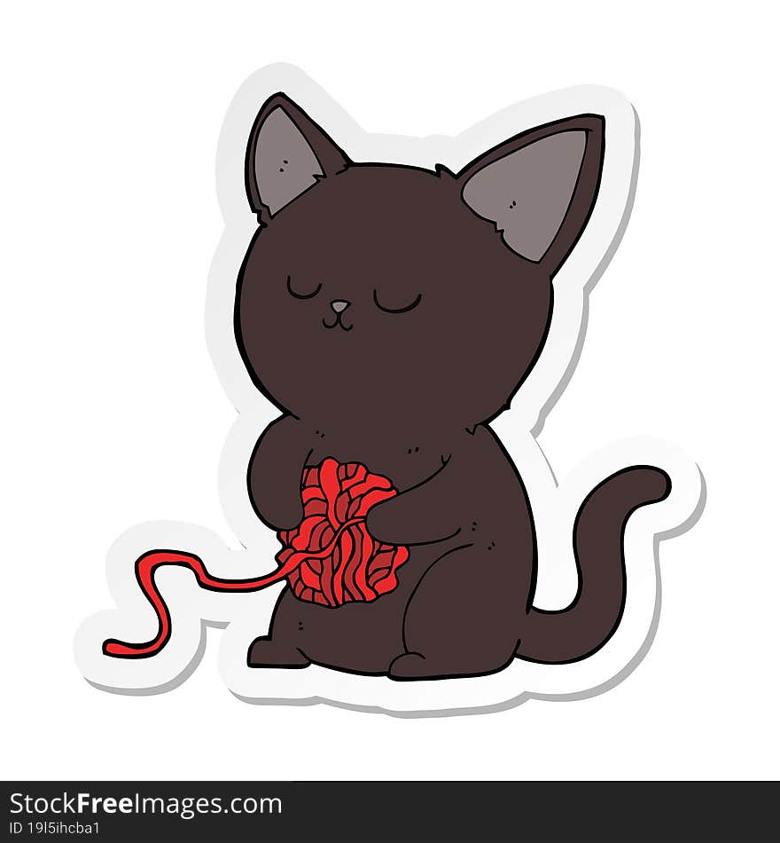 Sticker Of A Cartoon Cute Black Cat Playing With Ball Of Yarn