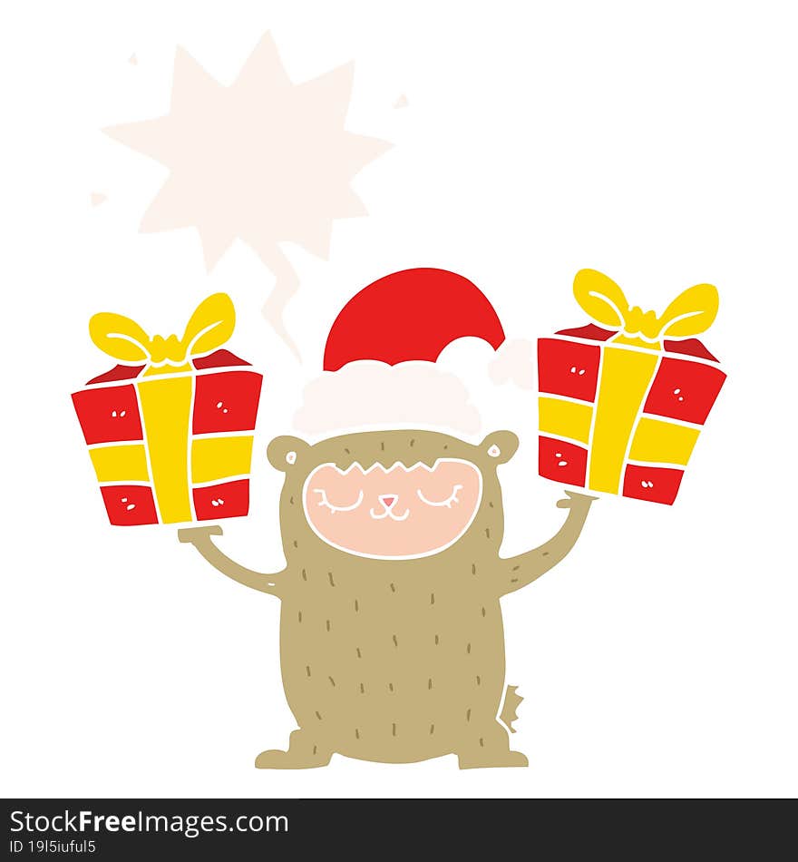 cartoon christmas bear and speech bubble in retro style