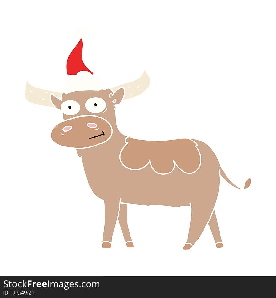 Flat Color Illustration Of A Bull Wearing Santa Hat