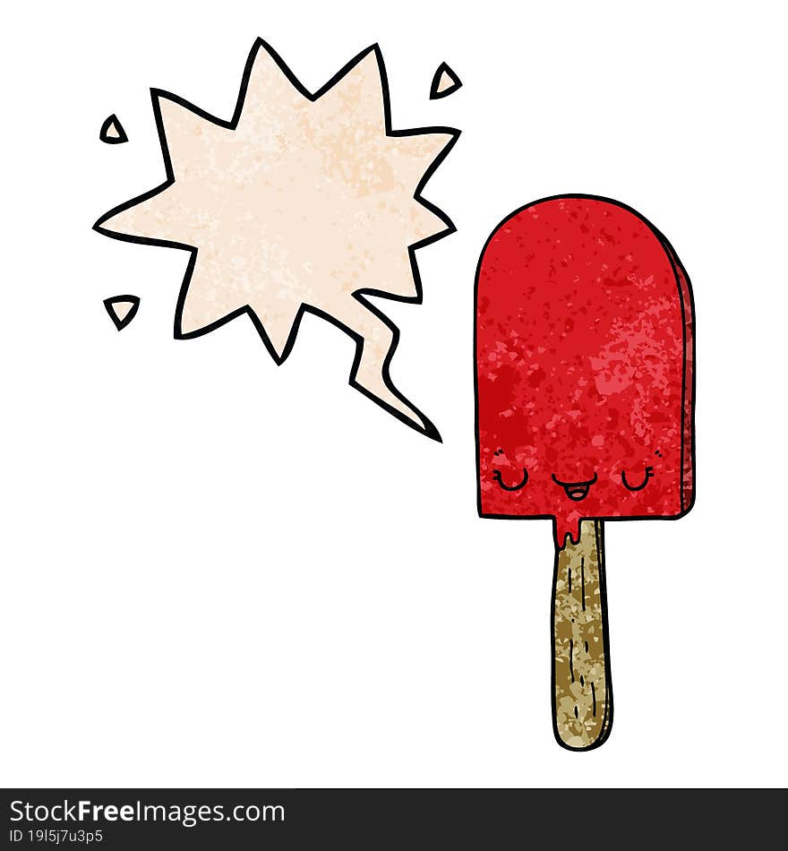 cartoon ice lolly and speech bubble in retro texture style