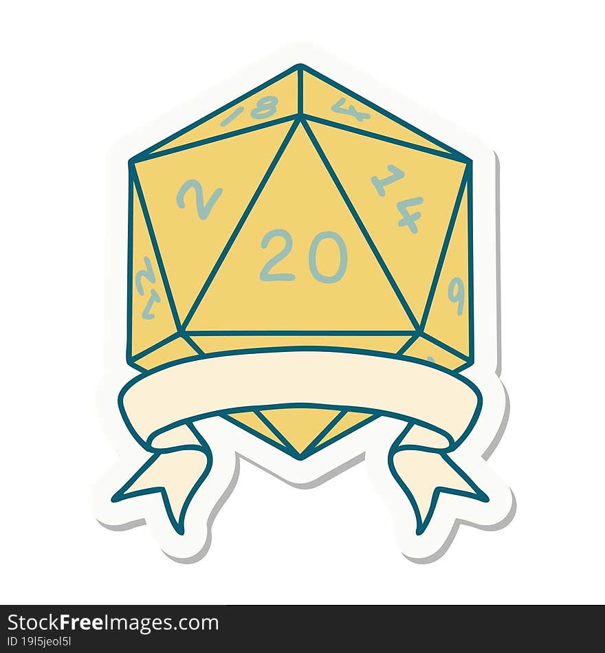 sticker of a natural 20 critical hit D20 dice roll. sticker of a natural 20 critical hit D20 dice roll