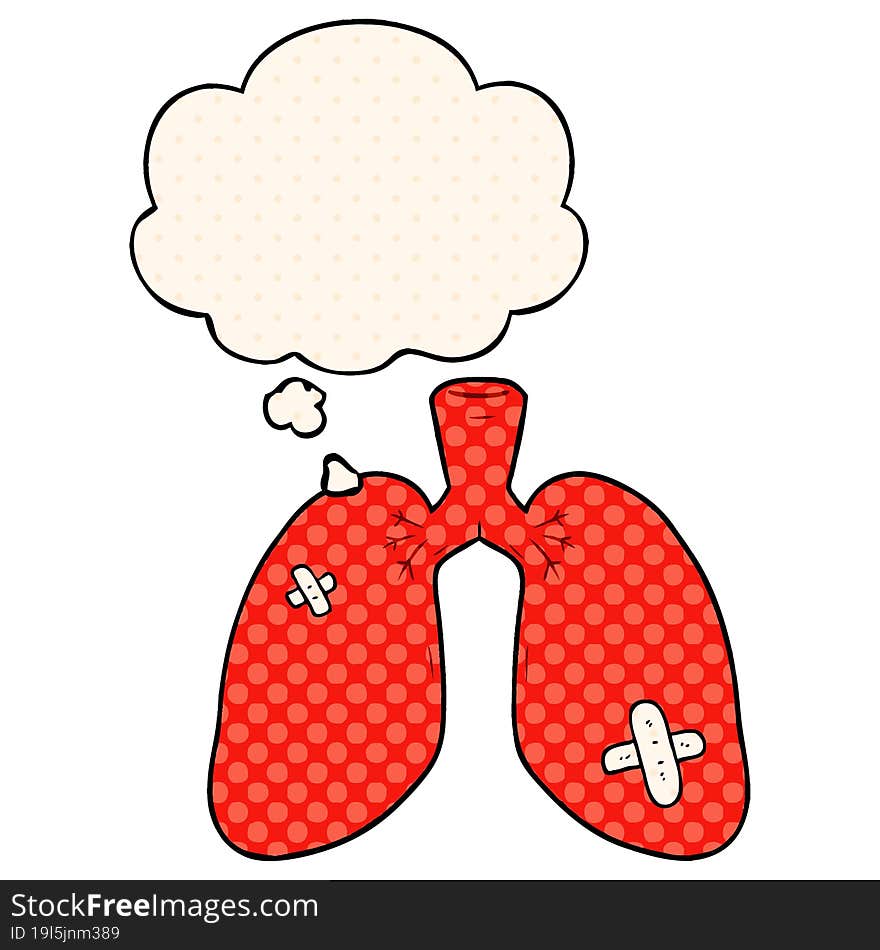 cartoon repaired lungs and thought bubble in comic book style