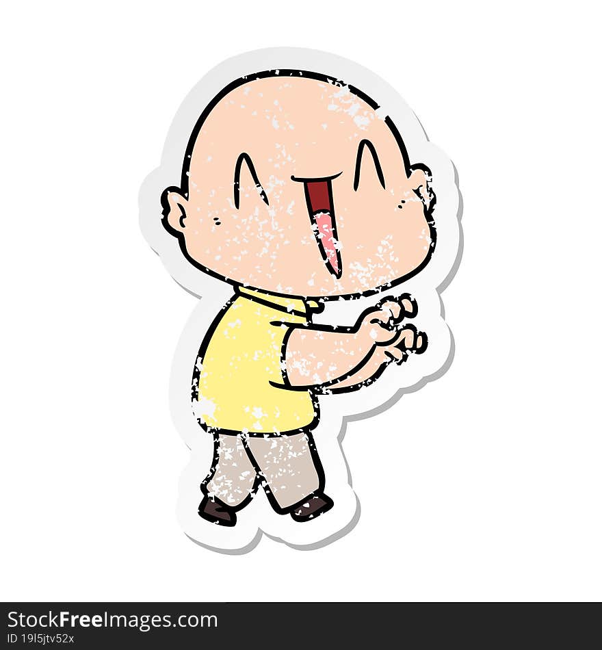 distressed sticker of a happy cartoon bald man