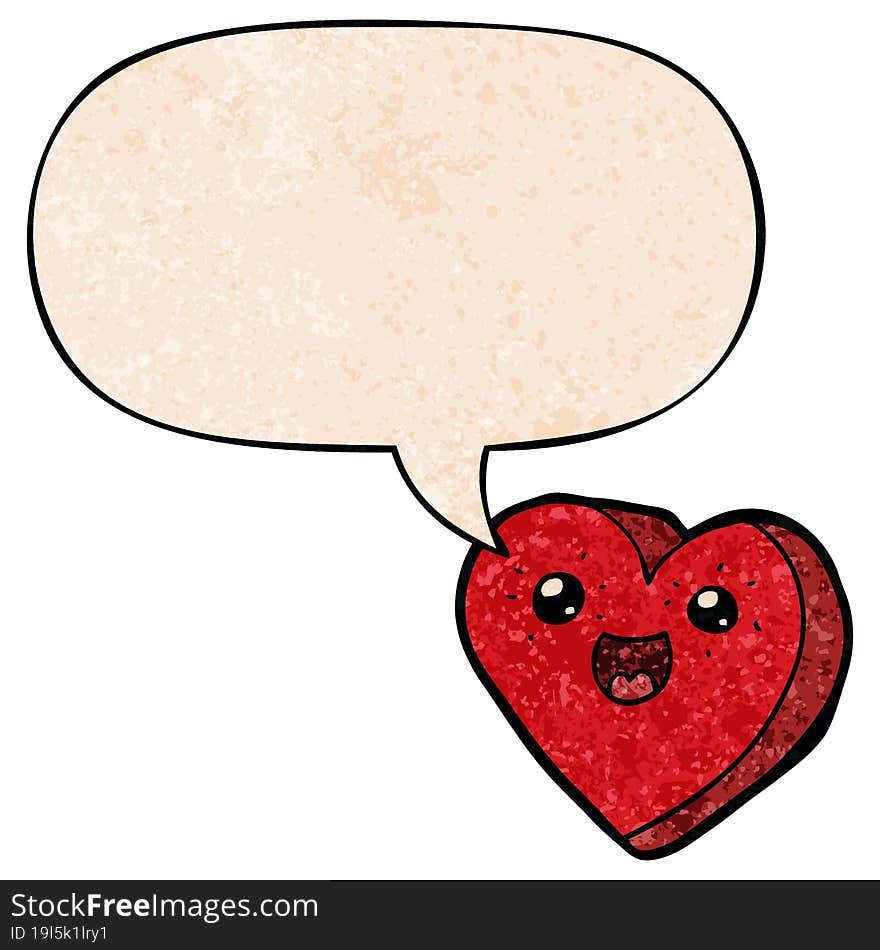 heart cartoon character and speech bubble in retro texture style