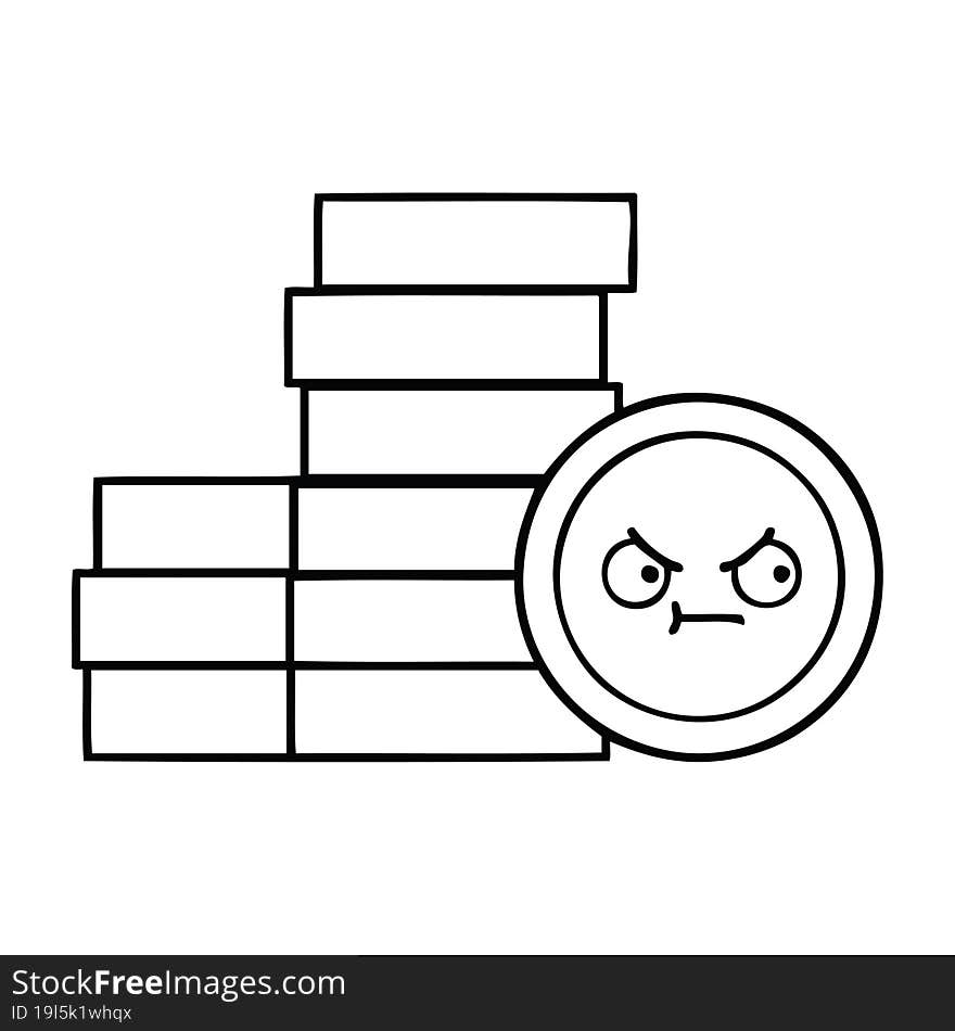 line drawing cartoon of a coins. line drawing cartoon of a coins