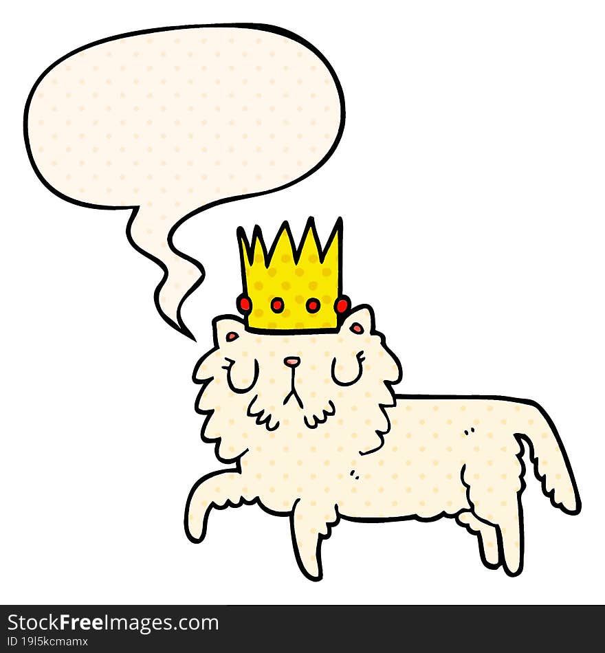 cartoon cat wearing crown and speech bubble in comic book style