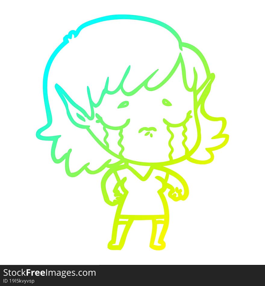 cold gradient line drawing cartoon crying elf girl