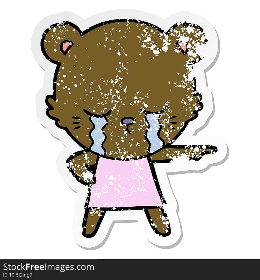 Distressed Sticker Of A Crying Cartoon Bear In Dress Pointing