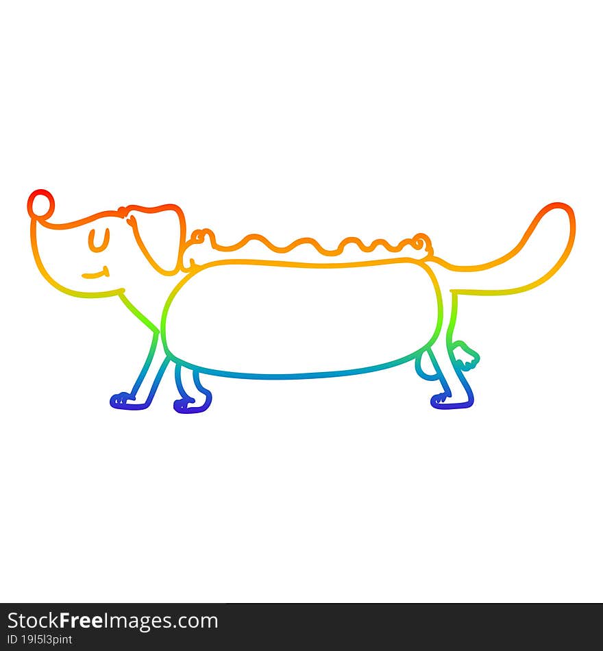 rainbow gradient line drawing of a cartoon hotdog