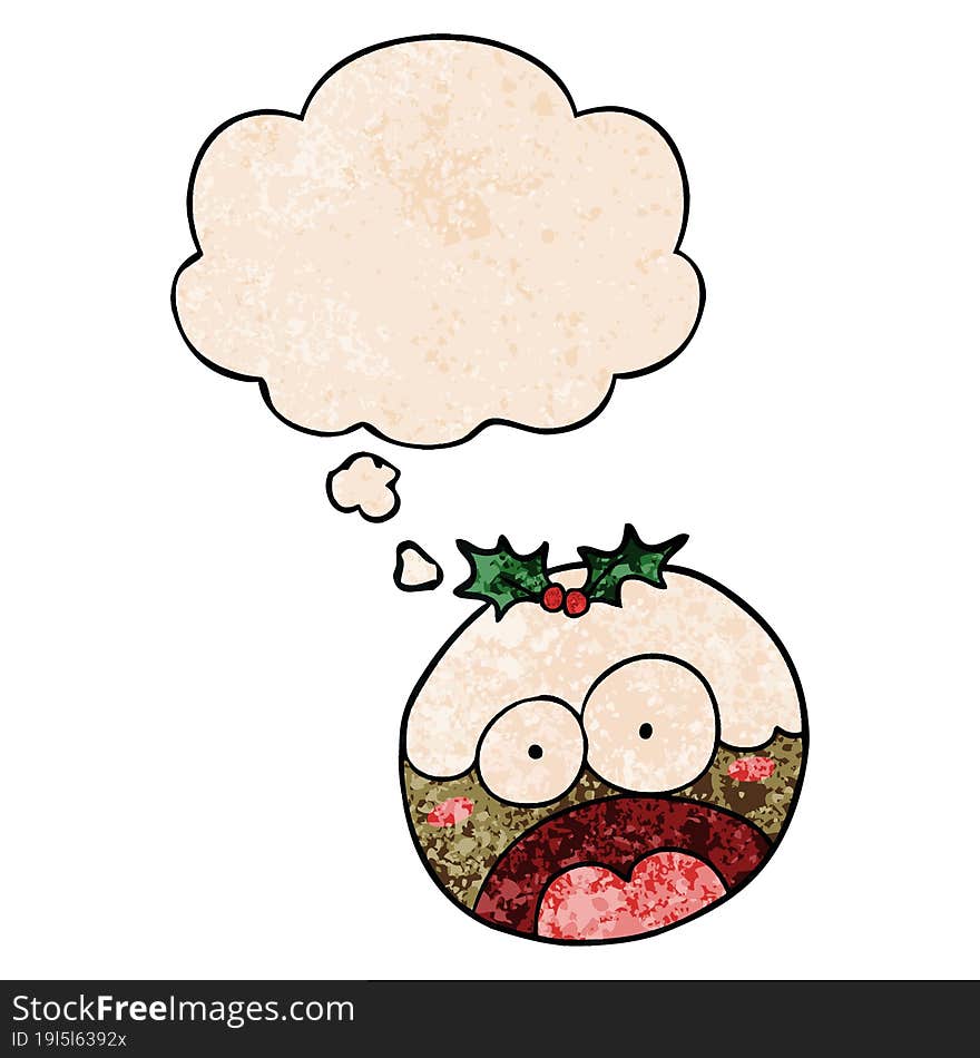 cartoon shocked chrstmas pudding and thought bubble in grunge texture pattern style