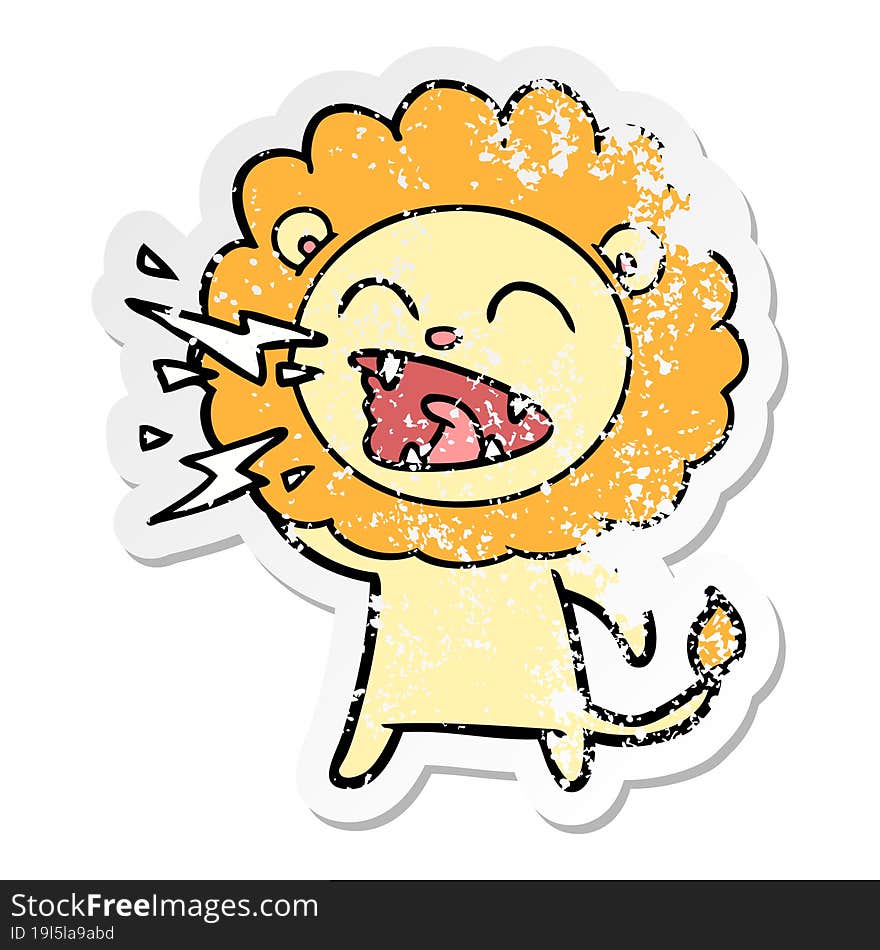 distressed sticker of a cartoon roaring lion