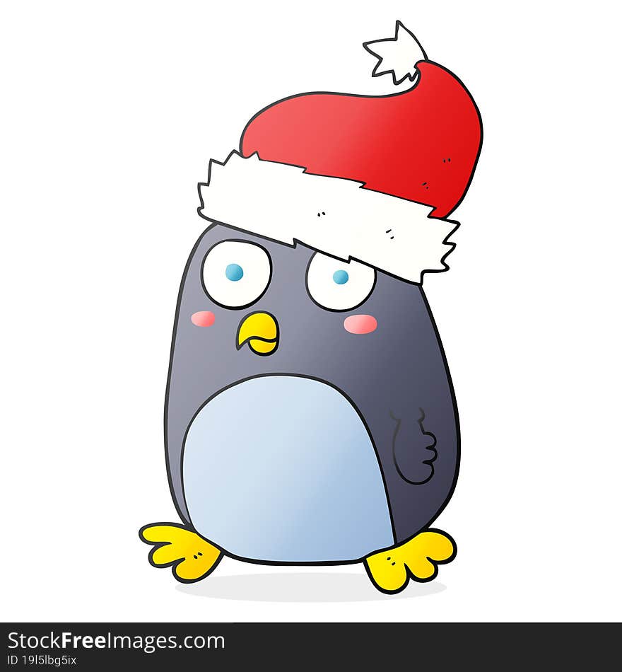 freehand drawn cartoon penguin in christmas hat