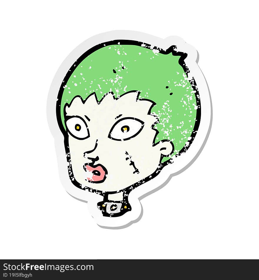 retro distressed sticker of a cartoon female zombie head