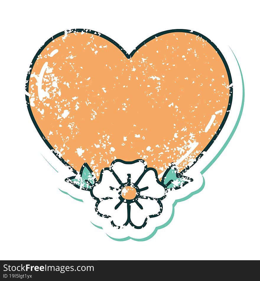 distressed sticker tattoo style icon of a heart and flower