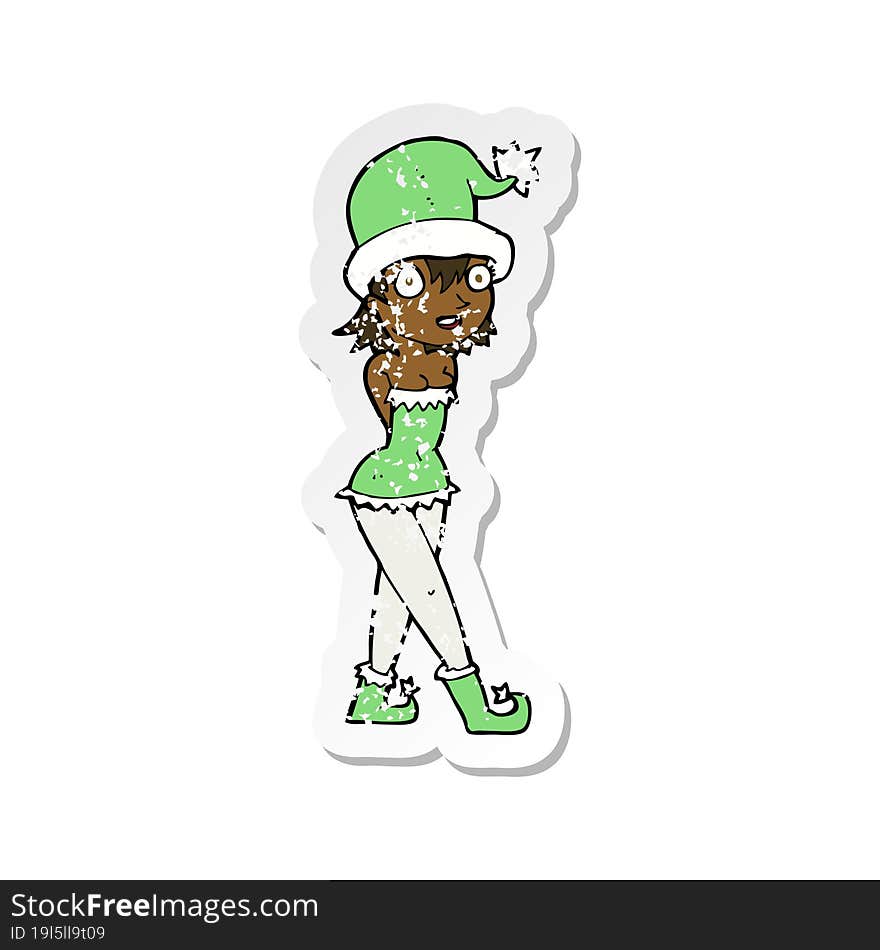 retro distressed sticker of a cartoon woman in christmas elf costume