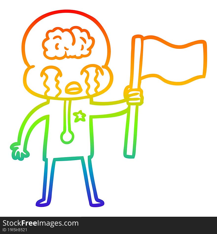 rainbow gradient line drawing cartoon crying big brain alien waving a flag