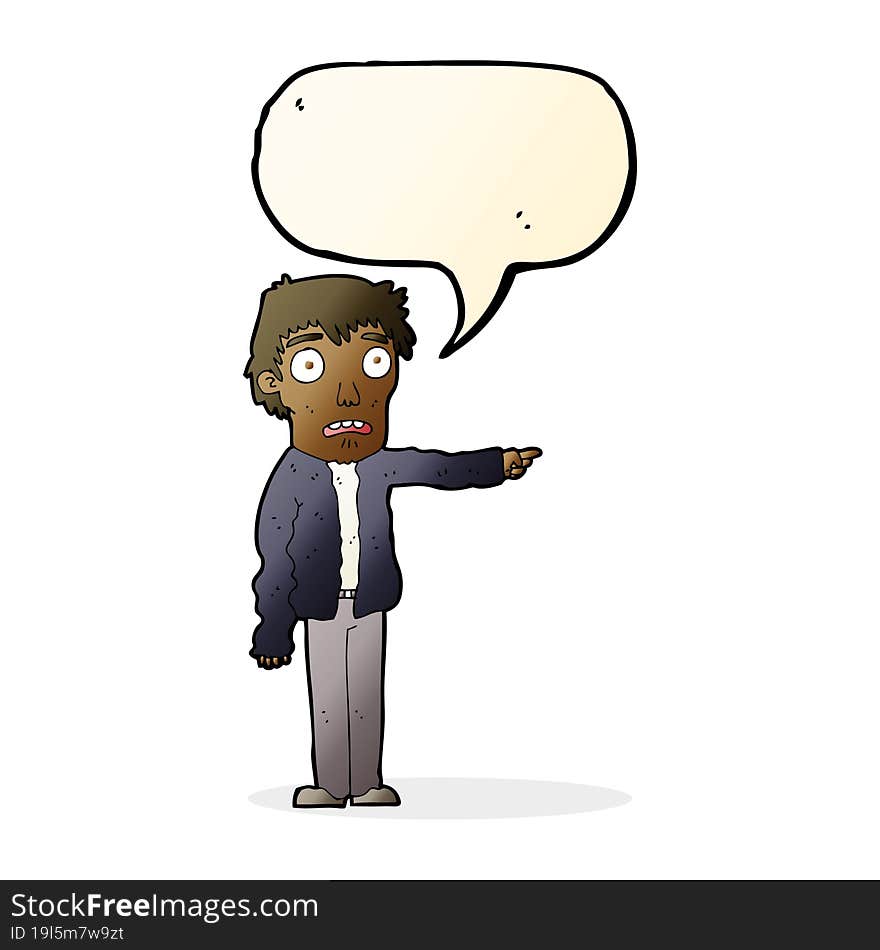 cartoon terrified man pointing with speech bubble