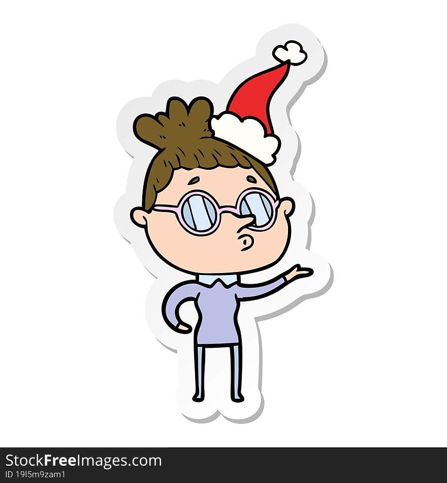 Sticker Cartoon Of A Woman Wearing Glasses Wearing Santa Hat