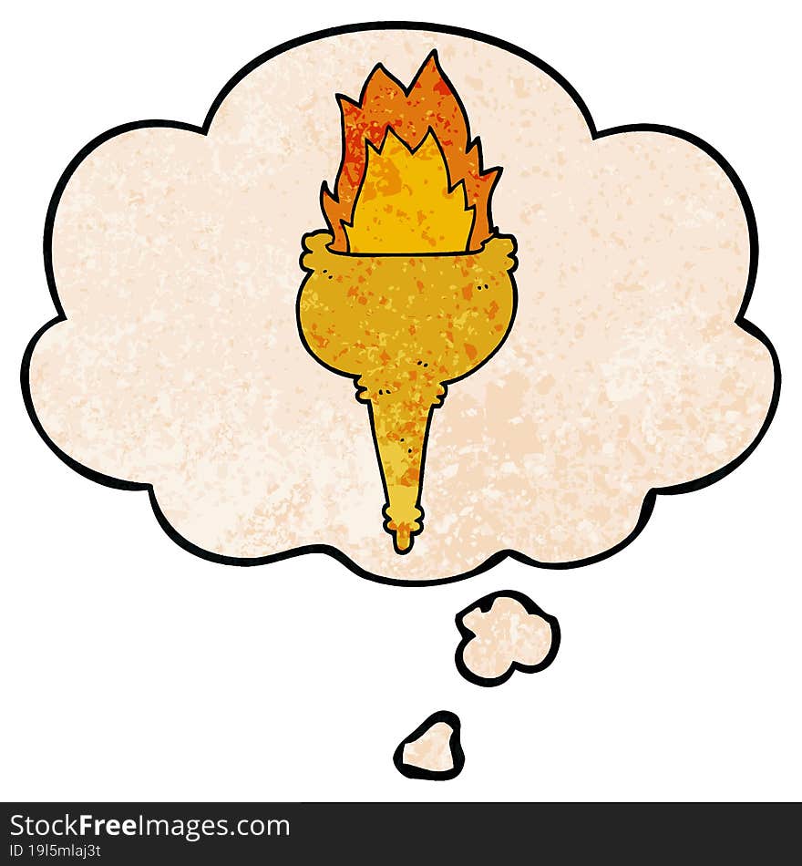 cartoon flaming torch and thought bubble in grunge texture pattern style