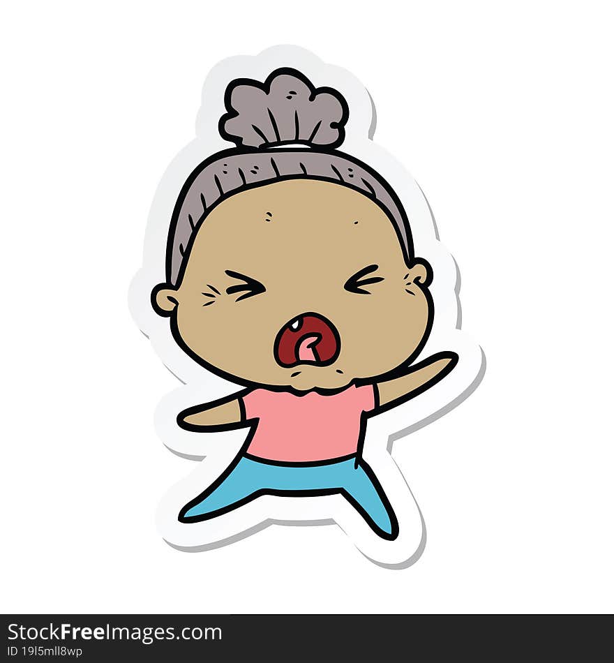 sticker of a cartoon angry old woman