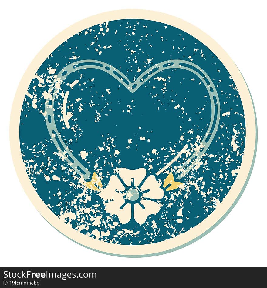 Distressed Sticker Tattoo Style Icon Of A Heart And Flower