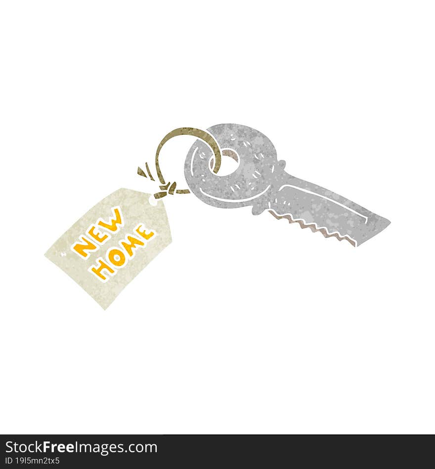 freehand retro cartoon house key with new home tag