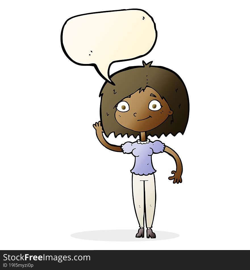 cartoon woman waving with speech bubble