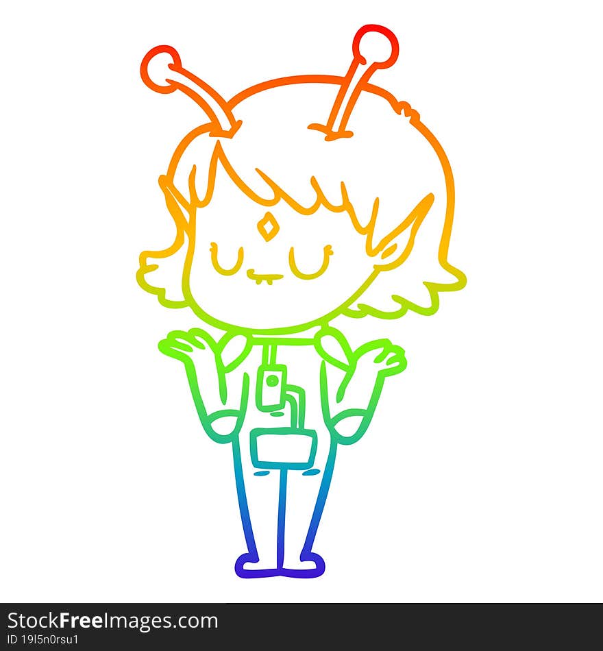 rainbow gradient line drawing of a cartoon alien girl