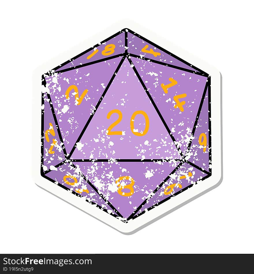 grunge sticker of a natural 20 D20 dice roll. grunge sticker of a natural 20 D20 dice roll