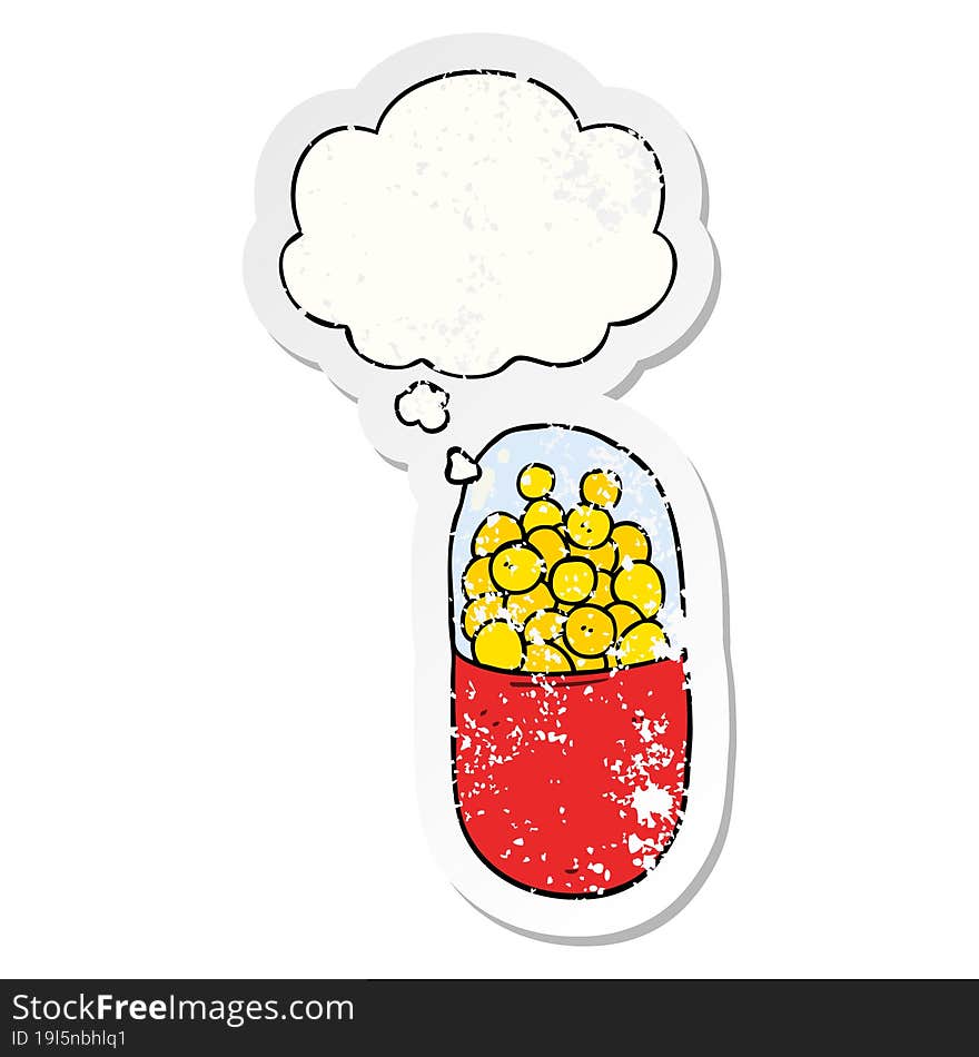 cartoon pill and thought bubble as a distressed worn sticker