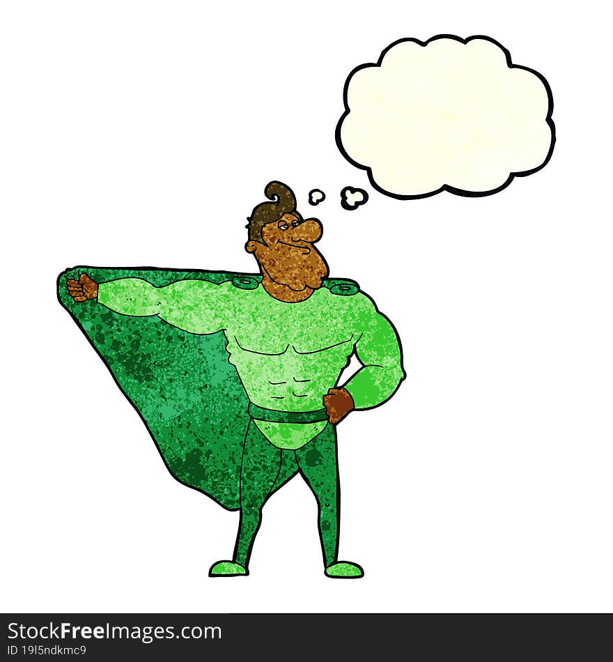 funny cartoon superhero with thought bubble