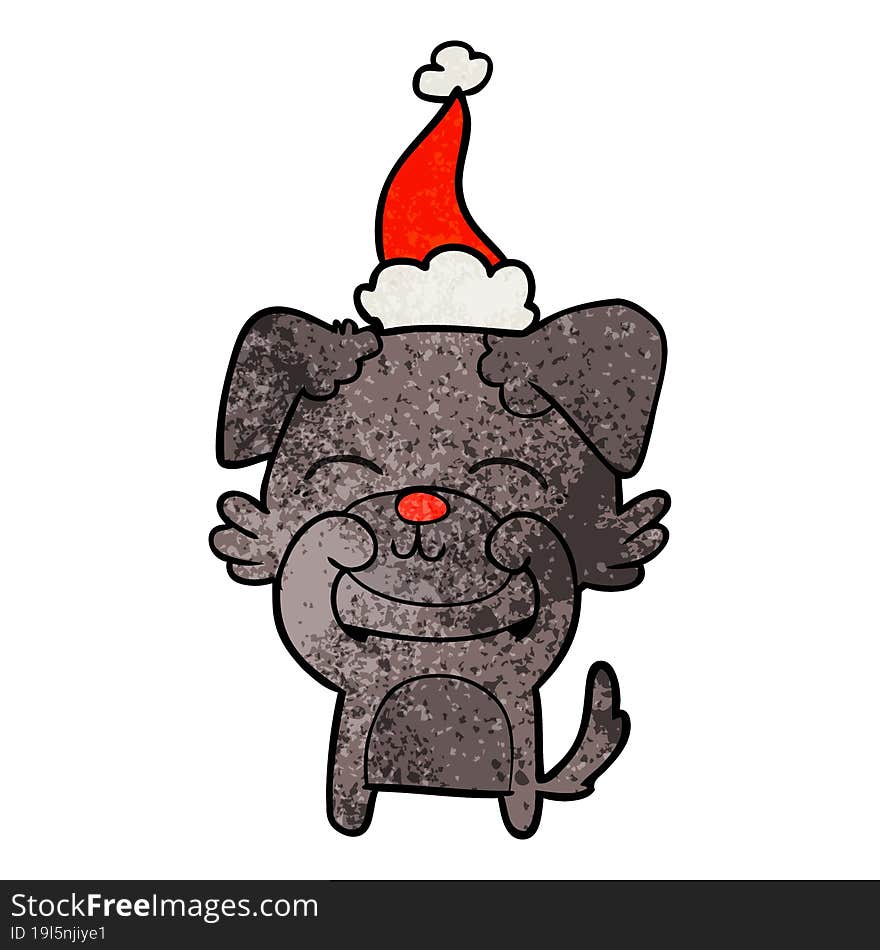 hand drawn textured cartoon of a dog wearing santa hat