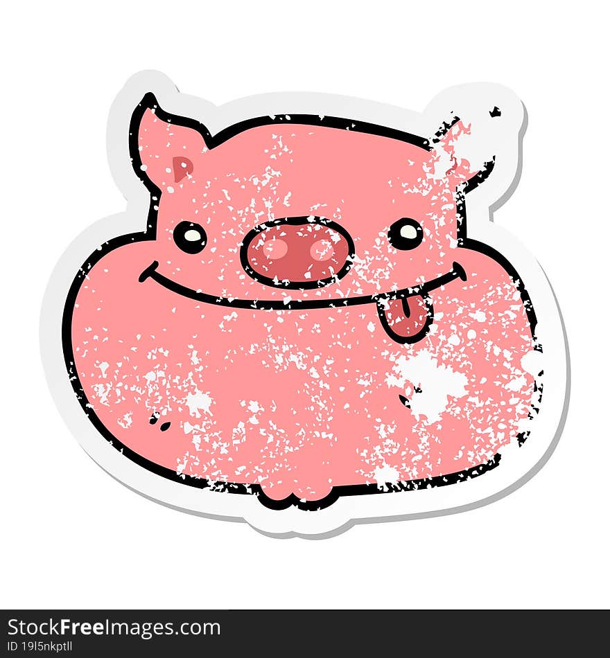 distressed sticker of a cartoon happy pig face