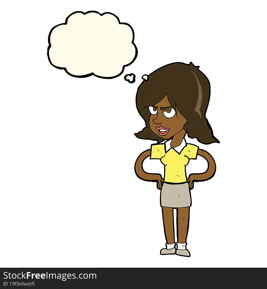 cartoon annoyed woman with hands on hips with thought bubble