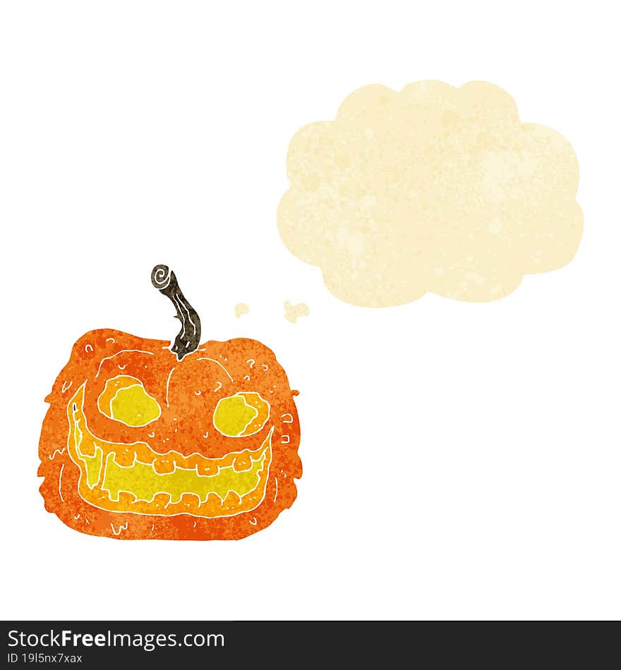 cartoon spooky pumpkin with thought bubble