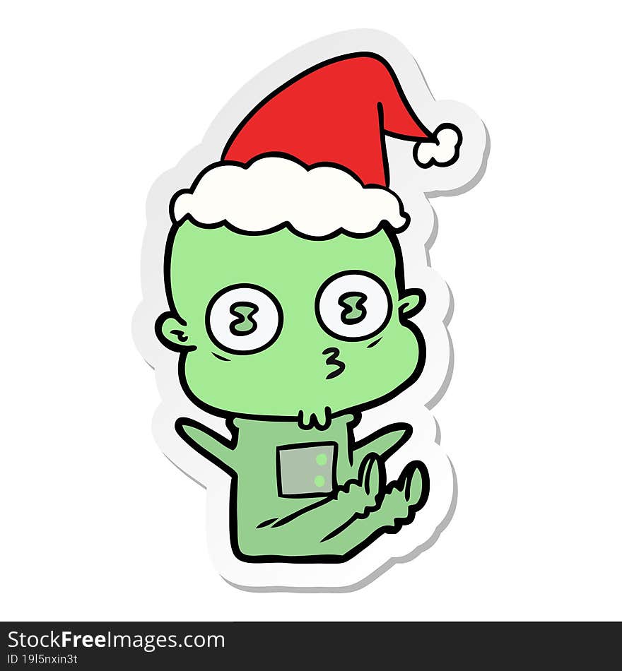 sticker cartoon of a weird bald spaceman wearing santa hat