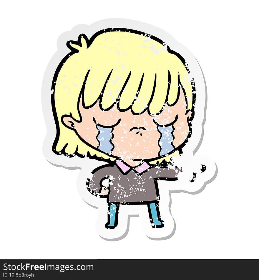 distressed sticker of a cartoon woman crying