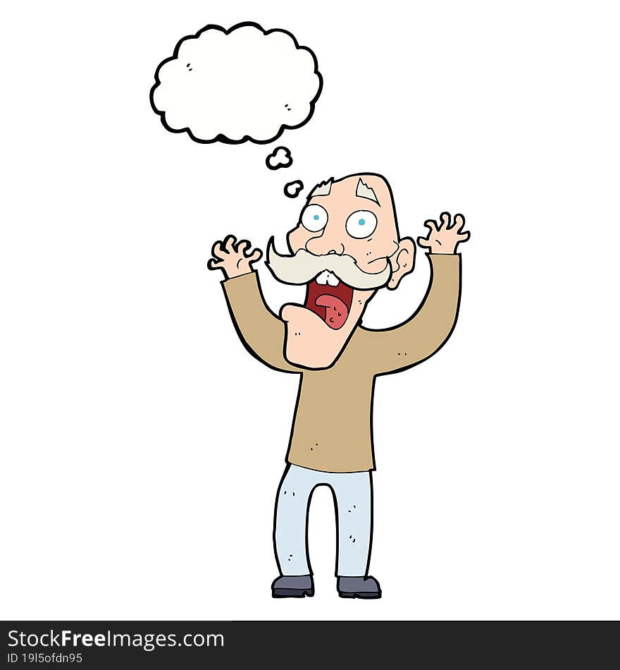 cartoon old man getting a fright with thought bubble