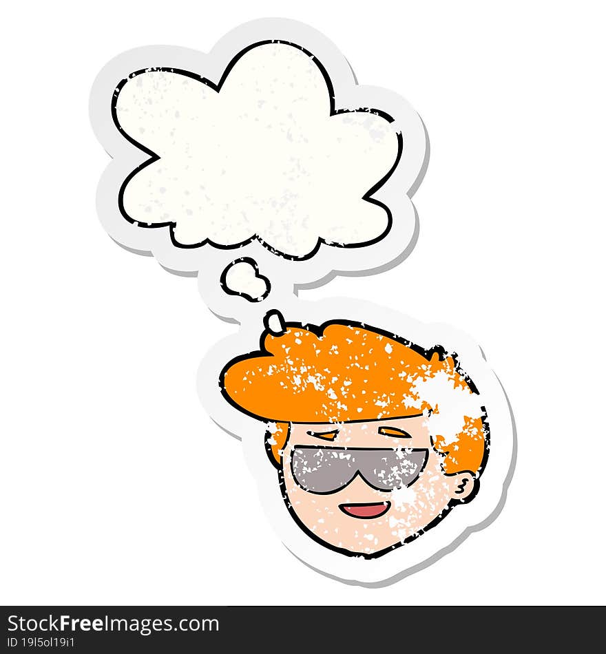 Cartoon Boy Wearing Sunglasses And Thought Bubble As A Distressed Worn Sticker