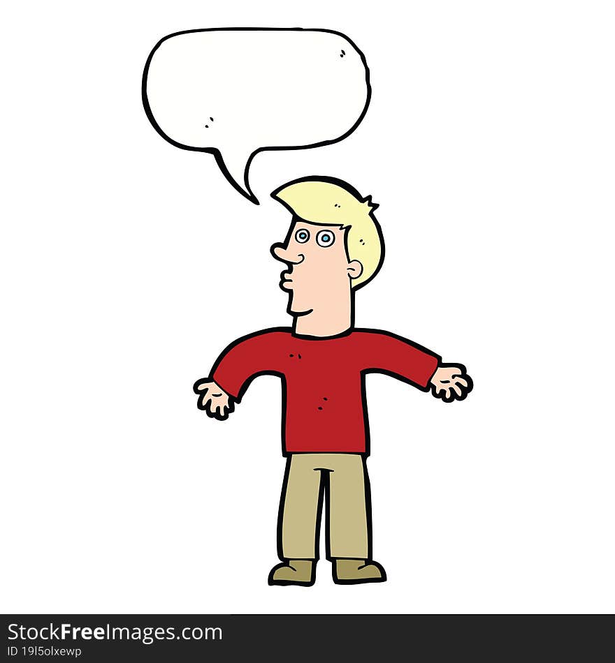 cartoon man shrugging shoulders with speech bubble