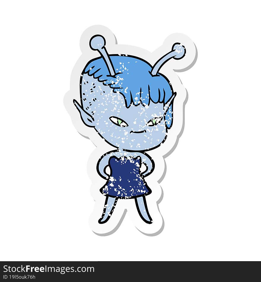 distressed sticker of a cute cartoon alien girl