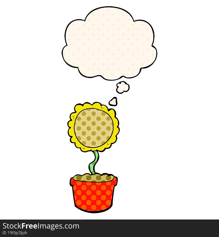 Cute Cartoon Flower And Thought Bubble In Comic Book Style