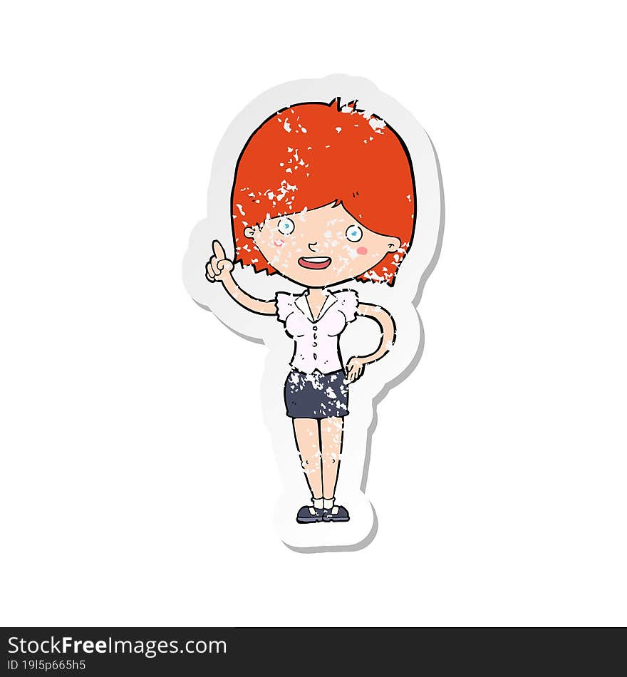 retro distressed sticker of a cartoon woman with idea