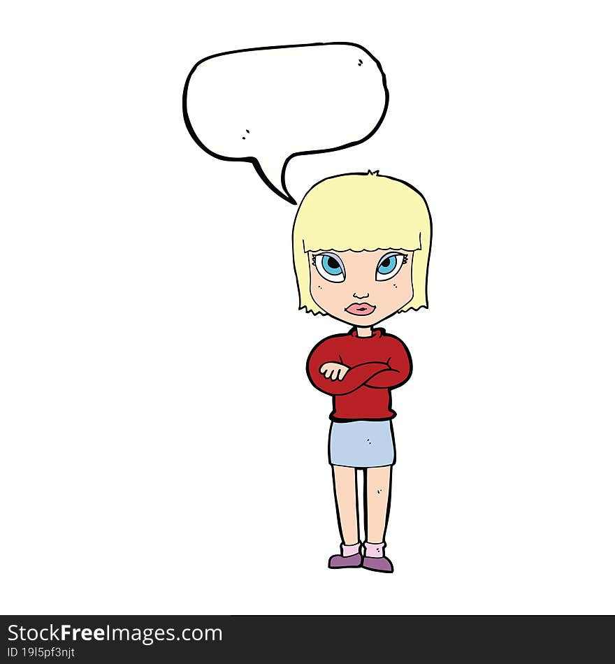 cartoon woman with crossed arms with speech bubble