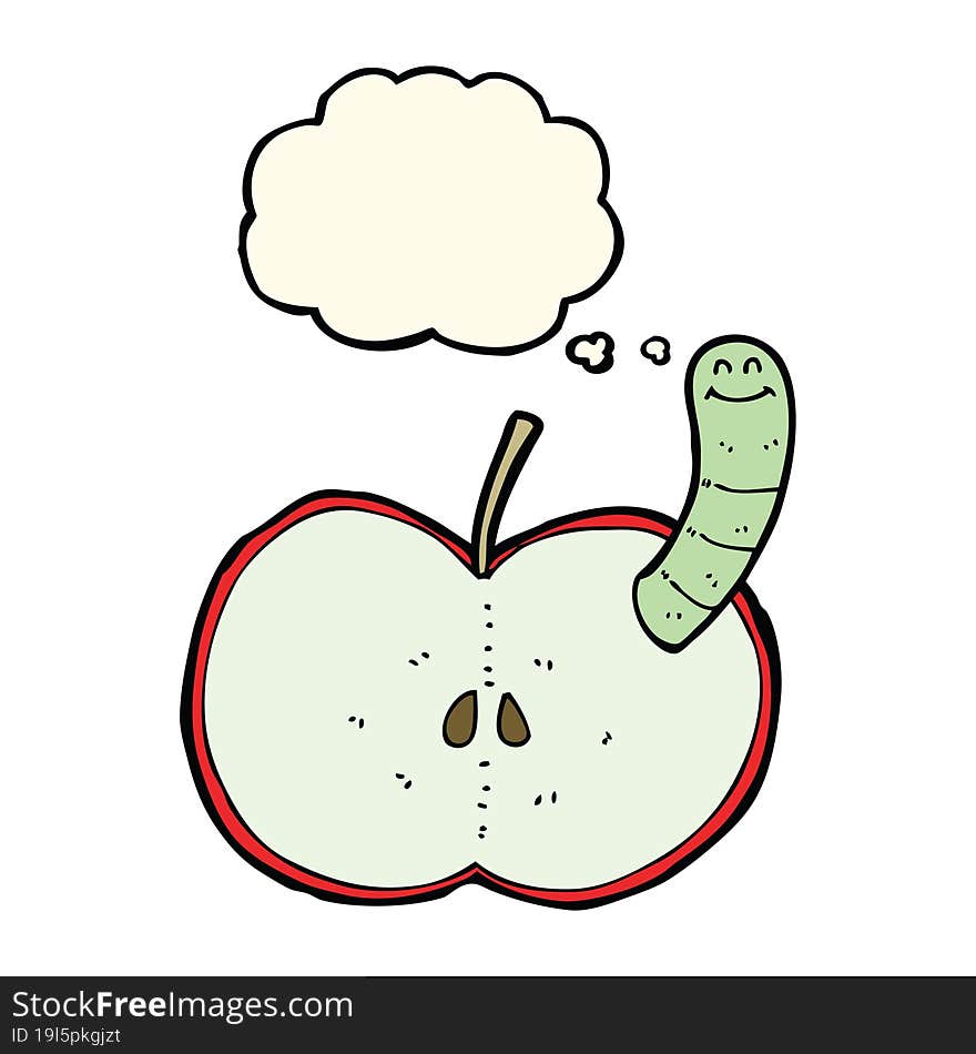 cartoon apple with worm with thought bubble