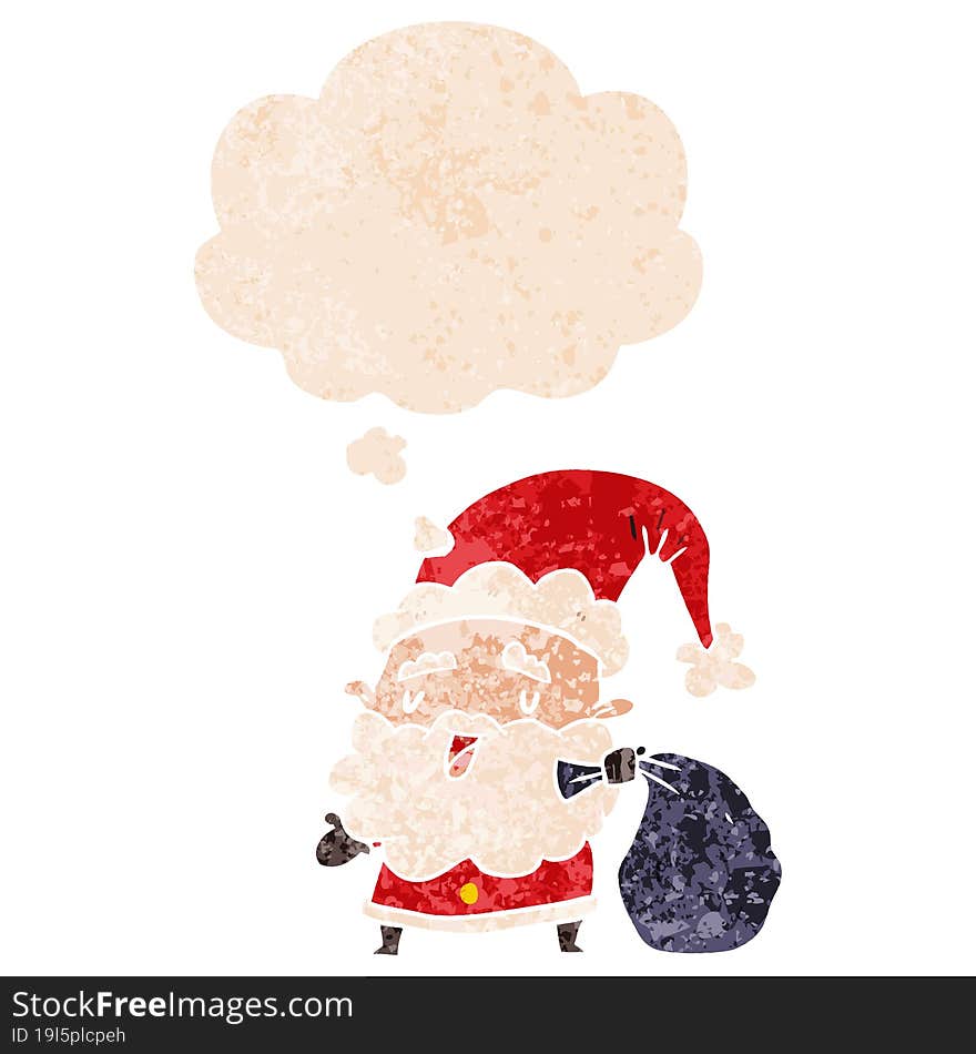 cartoon santa claus with sack and thought bubble in retro textured style