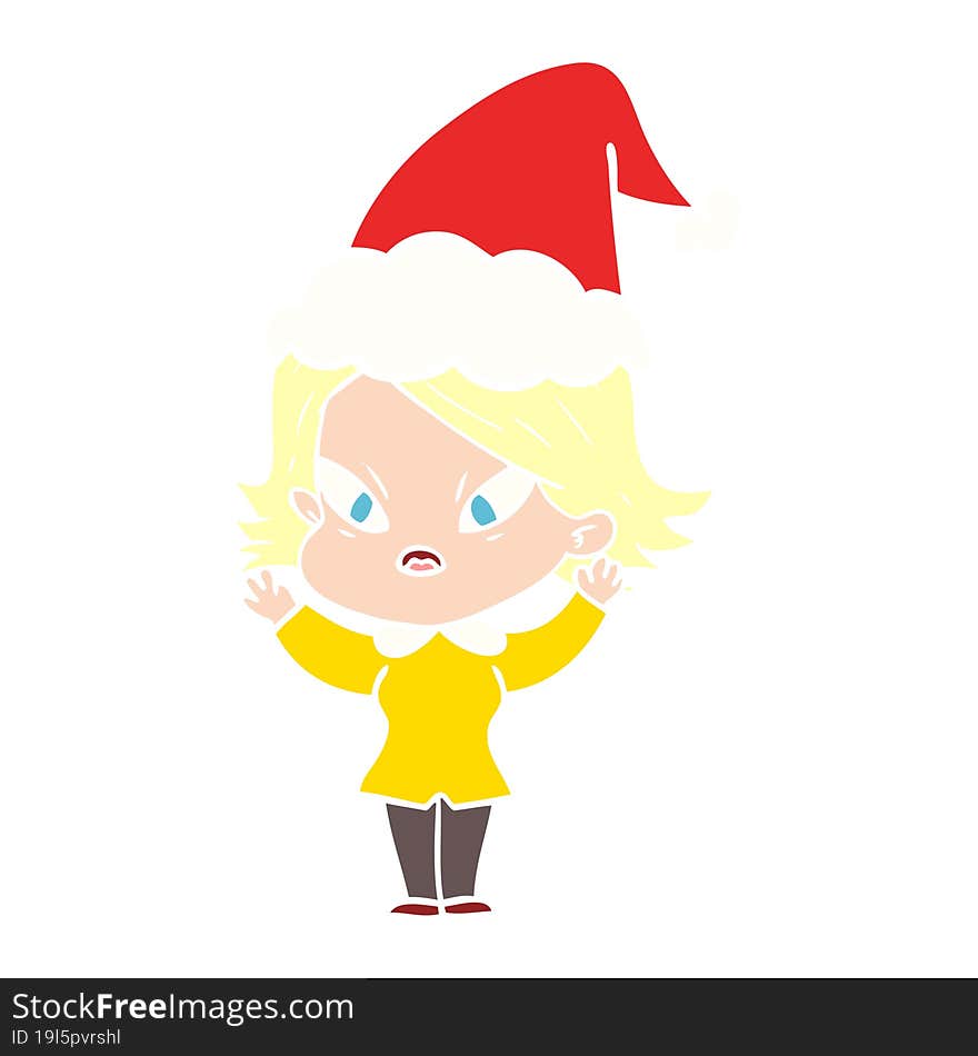 flat color illustration of a stressed woman wearing santa hat