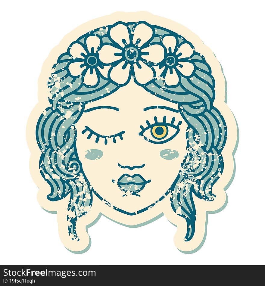 distressed sticker tattoo style icon of a maidens face winking