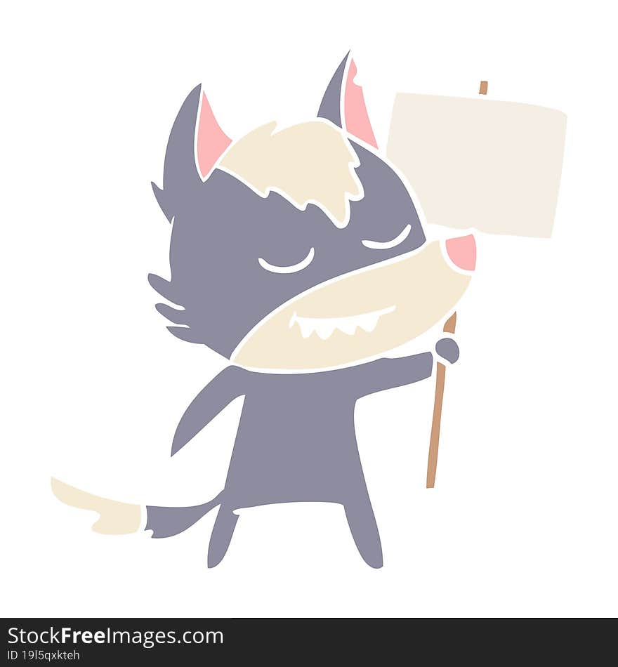 Friendly Flat Color Style Cartoon Wolf With Blank Sign