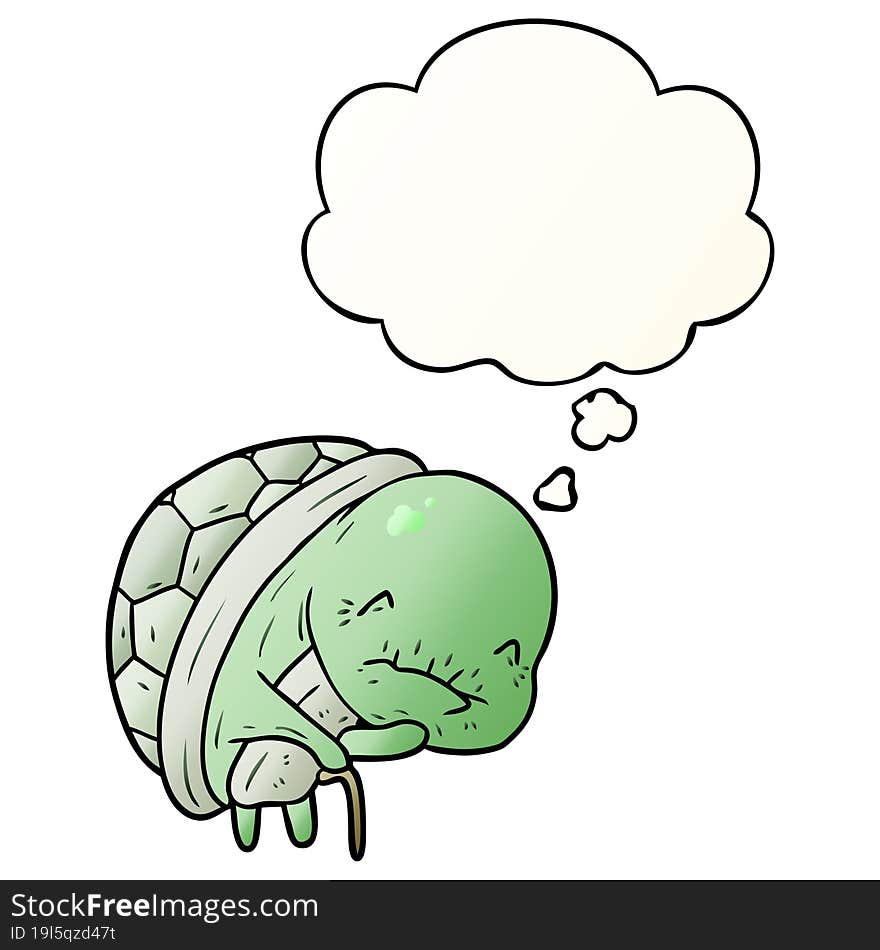 cute cartoon old turtle and thought bubble in smooth gradient style